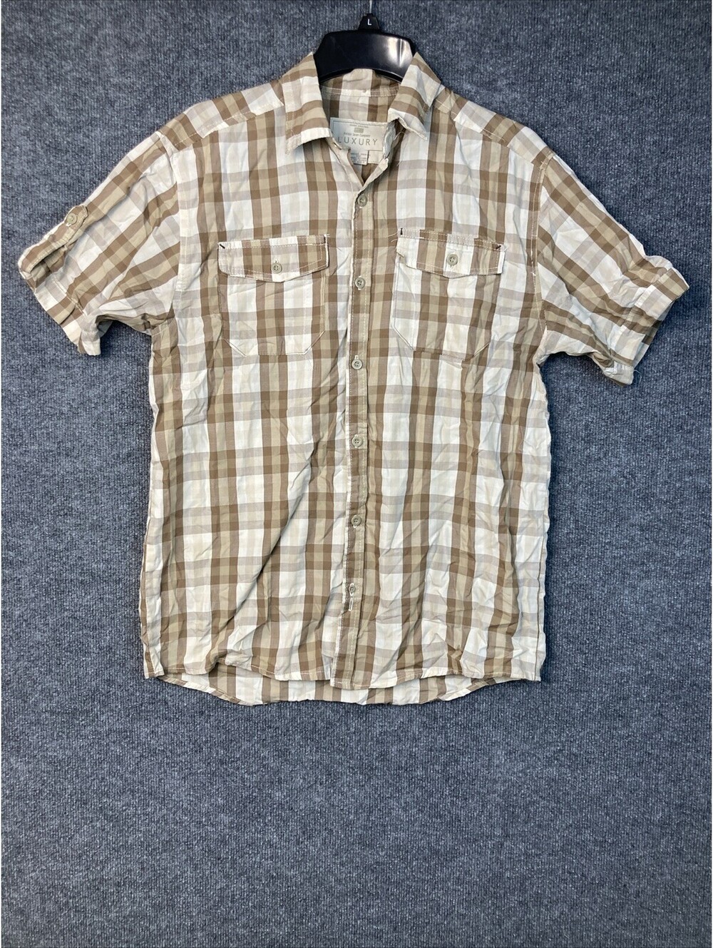 Raider Jean Co Men Size Medium Tan Beige S/S Plaid Pocket Button Up Collar Shirt